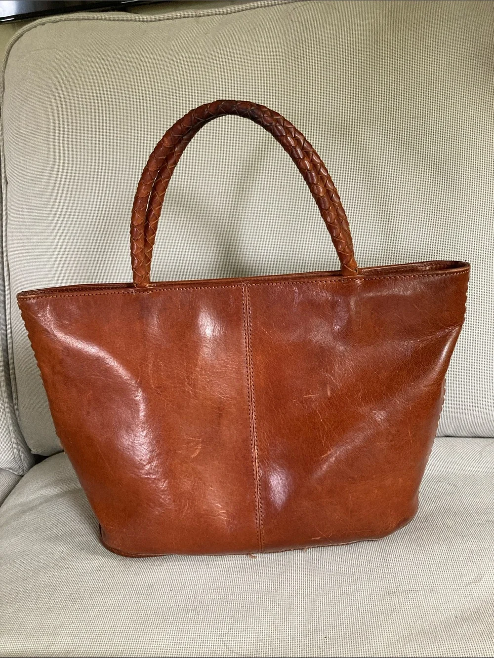 Kenneth Cole Braided Handle Chestnut Leather Tote Style HandBag